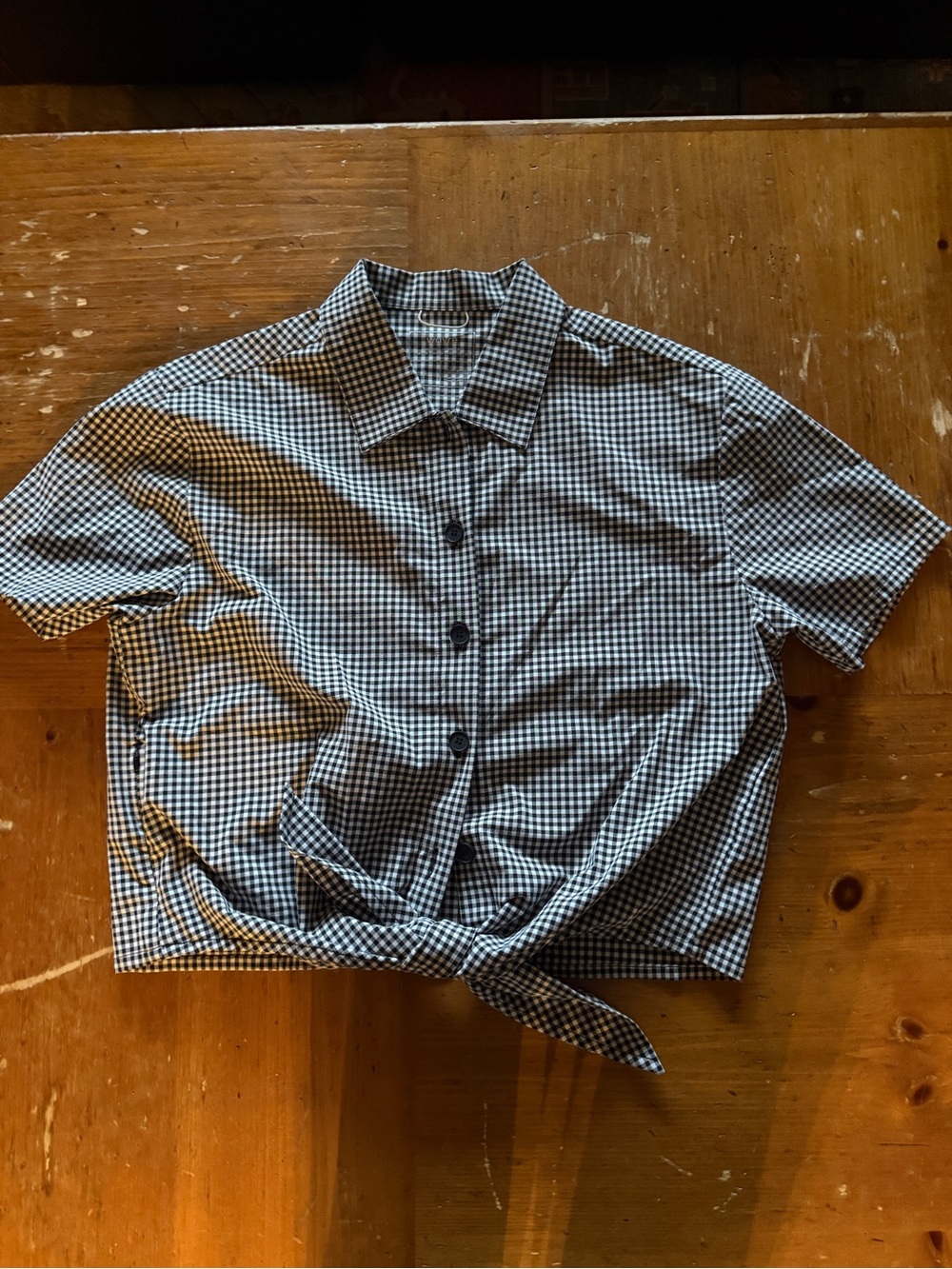 Gingham Tie-Front Crop Button-Up Top - Black/White